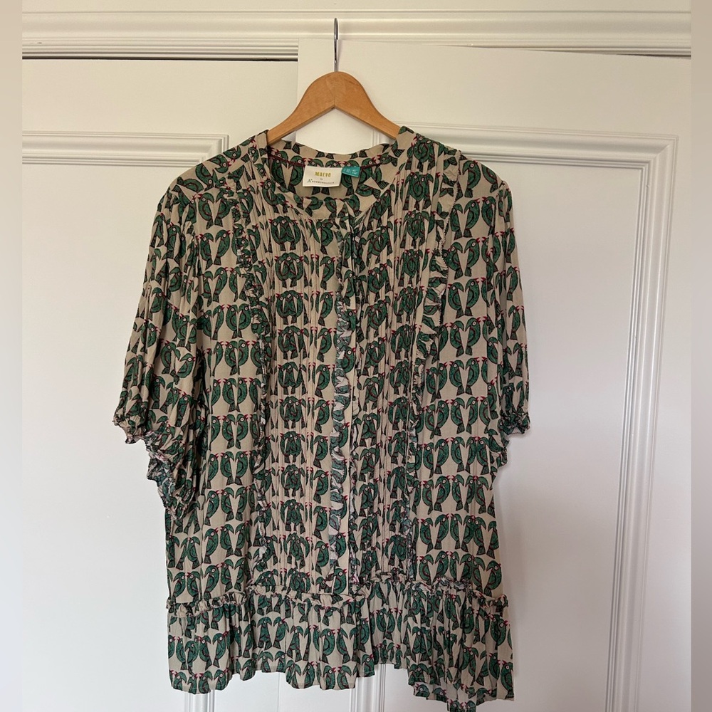 Anthropologie Green and Cream Bird Blouse